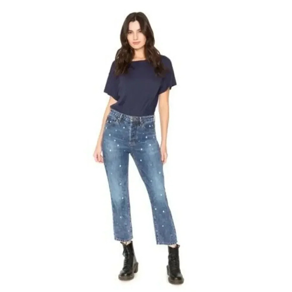 NWT Sandrine Rose Free People Straight Leg Jeans Bleach Polka Dot Medium Wash 24 - Picture 1 of 12